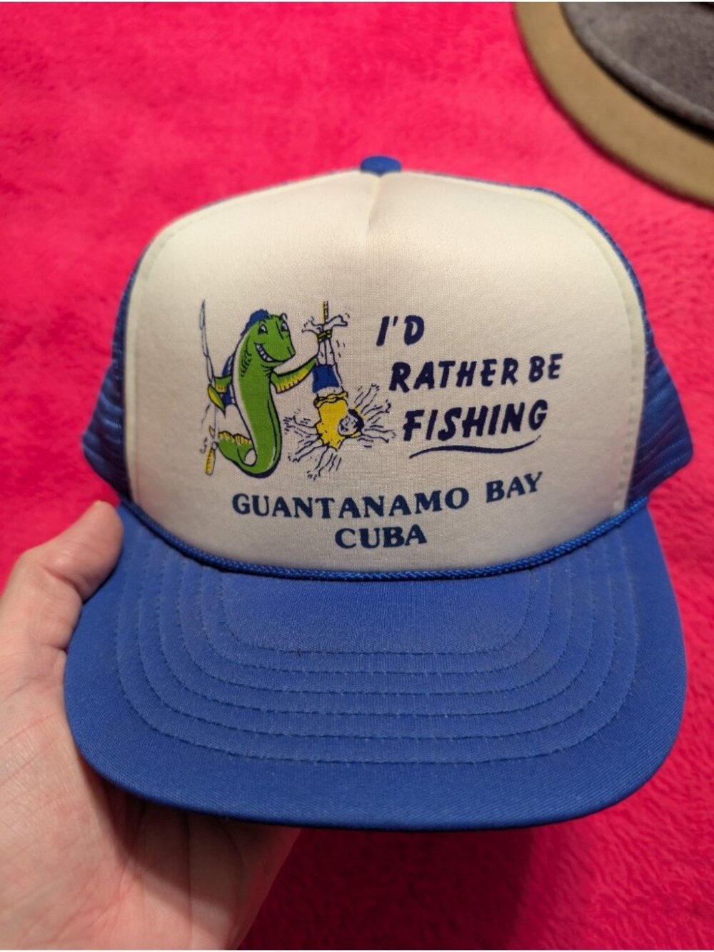 Vintage 80s Guantanamo Bay Cuba I'd Rather Be Fishing Trucker Rope Hat Snapback